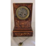 19th century marquetry inlaid rosewood mantel clock H 35.5 cm (missing one front foot)