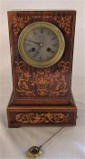 19th century marquetry inlaid rosewood mantel clock H 35.5 cm (missing one front foot)