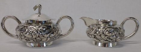 Large Chinese white metal milk jug and matching sugar bowl