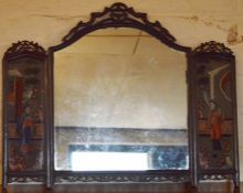 Chinese mirror with painted side panels Ht 50cm W 62cm
