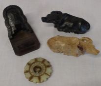 2 carved soapstone water buffaloes, Chinese soapstone novelty and a Chinese celadon jade pendant
