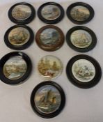 10 Prattware pot lids including "The Chin Chew River" and "Sandringham" (underside rim crack to