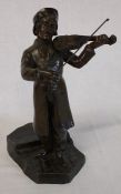 After D Alonzo - brown patinated bronze figure of a man playing a violin stood on cobbles, 27cm