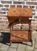 Late Victorian inlaid walnut veneer work basket on stand with pierced fretwork lower gallery