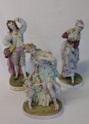 3 bisque porcelain figurines on naturalistic round bases - classical figure Diana with cherub 38cm