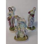 3 bisque porcelain figurines on naturalistic round bases - classical figure Diana with cherub 38cm