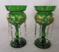 Pair of green glass lustres H 32 cm