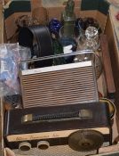 2 vintage radios, earphones, various glass ware, Mauchline ware depicting Burns monument, tankards