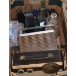 2 vintage radios, earphones, various glass ware, Mauchline ware depicting Burns monument, tankards