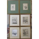 6 pen and ink prints by C W Pilcher (Cecil Westland Pilcher 1870-1943) (1 glass broken)