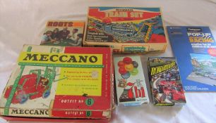 Assorted retro children's toys and games inc Meccano outfit no 6, Mechanical train set by Marx,