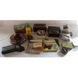 Selection of old tins, cash boxes, tea cards, Variety club badges, bell etc