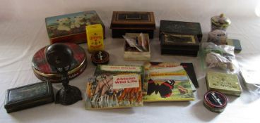 Selection of old tins, cash boxes, tea cards, Variety club badges, bell etc