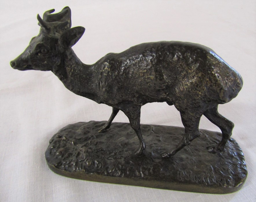 Bronze deer signed P J Mene (antler af) L 13 cm