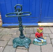 Cast iron painted umbrella stand and teddy bear door stop
