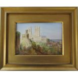 Gilt framed painted ceramic tile of Lincoln Cathedral 30 cm x 24 cm (size including frame)