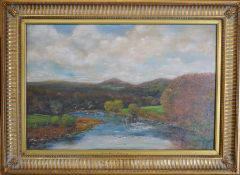 Large framed oil on canvas by D W Bewick 'Ginty' of salmon fishing at low water on the River Tweed