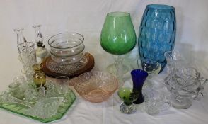 Selection of glassware including large blue dimple vase, comports etc.