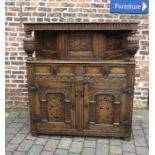 Superior reproduction 17 century oak court cupboard with marquetry panels H 152cm W 137cm D 43cm