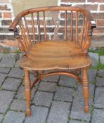 Yew wood Windsor chair with crinoline stretcher with back cut down