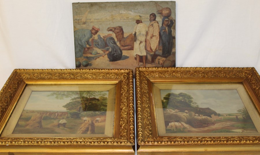 Pair of framed oils on board depicting harvest scenes signed L Denniss 1900 48cm x 43cm (including