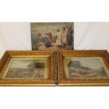 Pair of framed oils on board depicting harvest scenes signed L Denniss 1900 48cm x 43cm (including