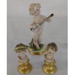 Capodimonte porcelain cherub on naturalistic base height 14.5cm and 2 miniature busts by the same