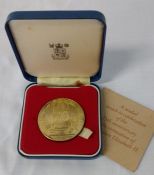 Limited edition 25th Anniversary Coronation gold-plated silver medal 1 3/4 inch dia issued by