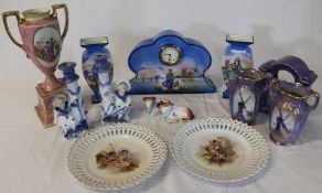 2 ceramic clock garnitures with Dutch scenes, pair of ribbon plates, Continental candlesticks,