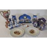 2 ceramic clock garnitures with Dutch scenes, pair of ribbon plates, Continental candlesticks,