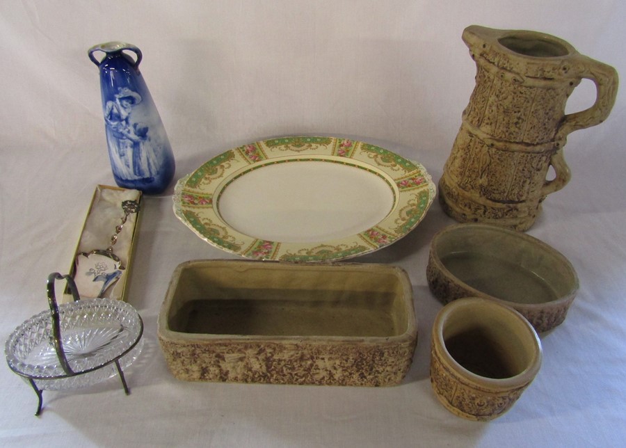 Quantity of Hillstonia pottery, meat dish, vase (af) and silver plate