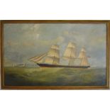 Late 19th century/early 20th century oil on canvas of a ship at sea. Frame size 98cm by 62cm