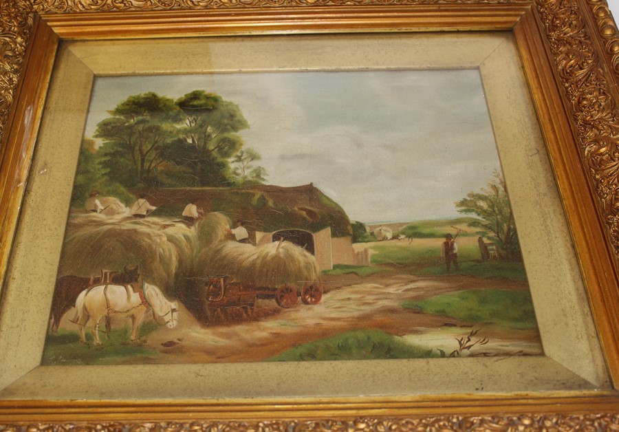 Pair of framed oils on board depicting harvest scenes signed L Denniss 1900 48cm x 43cm (including - Bild 3 aus 4