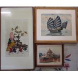 Chinese hand painted picture, watercolour by M Nor (unglazed) & a framed print