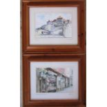 Pair of framed prints by Gwyn Jones - The Mustard Shop, Norwich & Sherringham