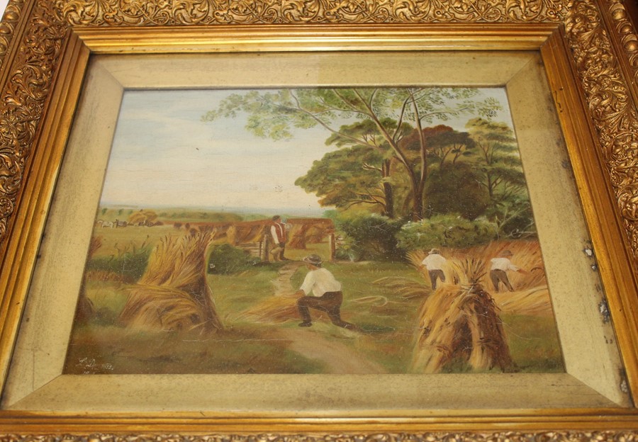 Pair of framed oils on board depicting harvest scenes signed L Denniss 1900 48cm x 43cm (including - Bild 2 aus 4