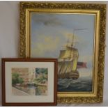 Oil on canvas of a galleon at sea signed Ambrose & a watercolour of  canal scene by Bill Festa