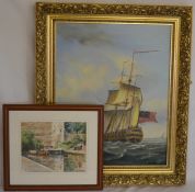 Oil on canvas of a galleon at sea signed Ambrose & a watercolour of  canal scene by Bill Festa