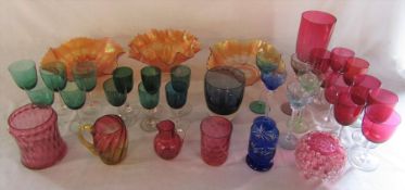 Various coloured glassware inc Cranberry and Carnival