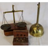 Set of apothecary scales, weights and brass sprayer (incomplete)