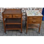 1930s oak trolley & a 1930s table with fabric top