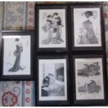 Set of 5 framed black and white Oriental prints