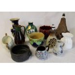 Selection of jardinieres, Bretby bowl, 2 lamp bases etc.
