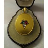 9ct gold multi gem locket with 18ct gold plate overlay, central rose on gold plated metal, diamond