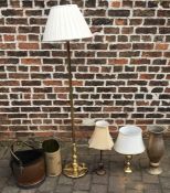 Brass standard lamp, table lamps, coal bucket etc