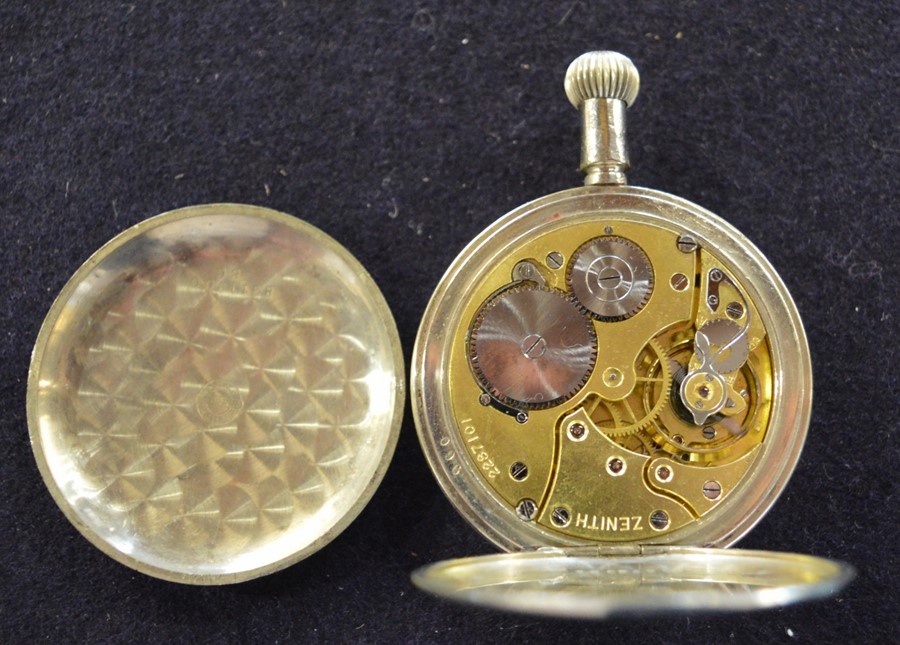 Zenith 30 hour Mark 5 long stem steel case pocket watch with black & luminous dial indistinct - Image 3 of 3