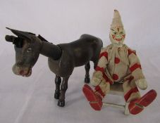 3 Schoenhut circus figures / pieces circa 1910 - clown, donkey and chair (donkey missing tail)