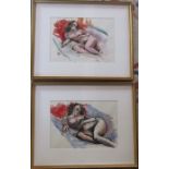 2 framed watercolours of reclining nudes by Pamela Guille ARCA, signed 53.5 cm x 43.5 cm (size