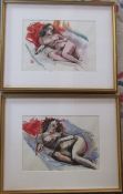 2 framed watercolours of reclining nudes by Pamela Guille ARCA, signed 53.5 cm x 43.5 cm (size