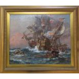 Gilt framed and glazed oil on canvas 'Fate of the Galleon' by Bernard Finegan Gribble (1873-1962),